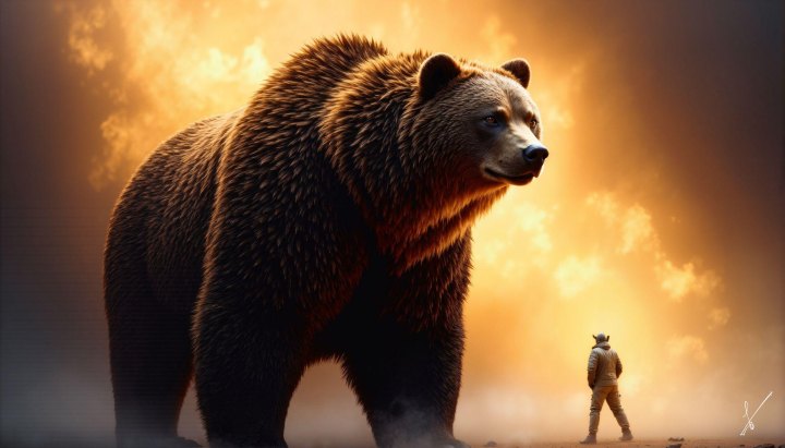 A giant brown bear stands next to a lone person against a glowing, cloudy sky.