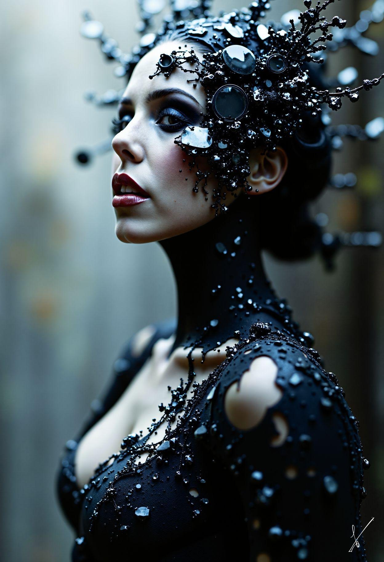 Woman in black beaded gown with crystal headpiece against blurred forest background