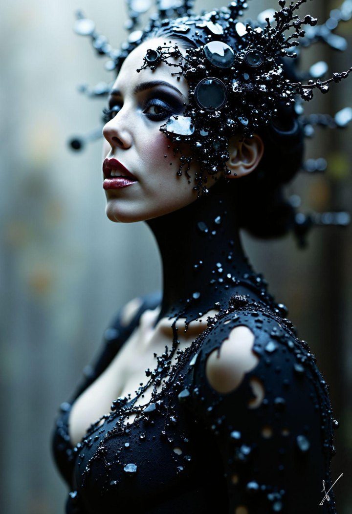 Woman in black beaded gown with crystal headpiece against blurred forest background
