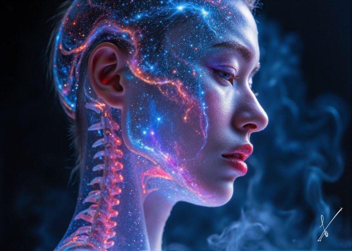 Woman's profile with galaxy overlay and glowing spine on dark background