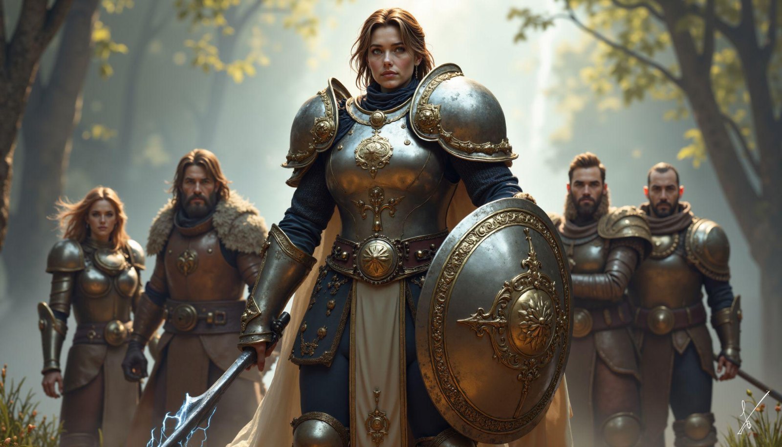 Female warrior in golden armor leads squad through misty forest