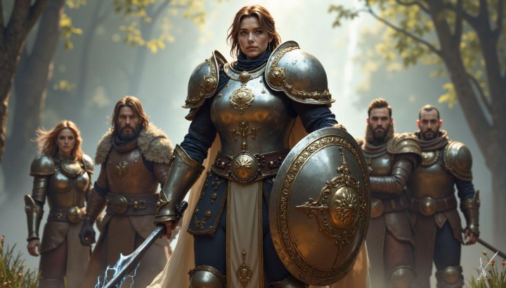 Female warrior in golden armor leads squad through misty forest