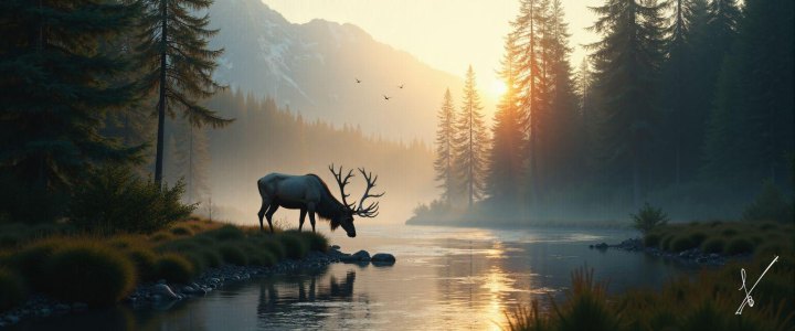 An elk drinking from a misty river at sunrise, surrounded by pine trees and mountains.