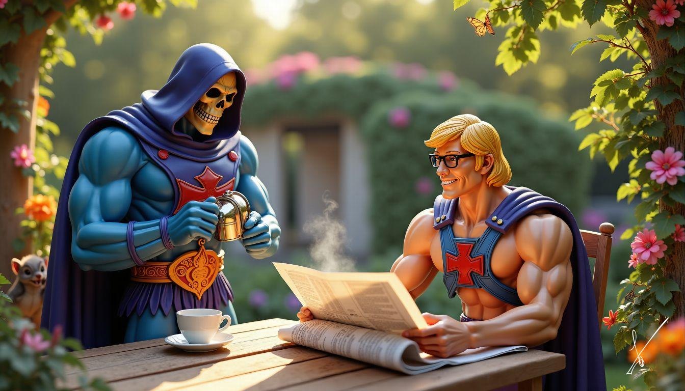Skeletor serves tea to He-Man in a sunny garden with flowers and trees.