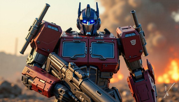Red and blue robot with glowing eyes holds a large weapon in front of a fiery background.
