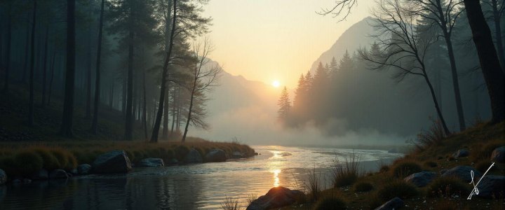 Sunrise over a misty river in a forested valley with mountains in the background.