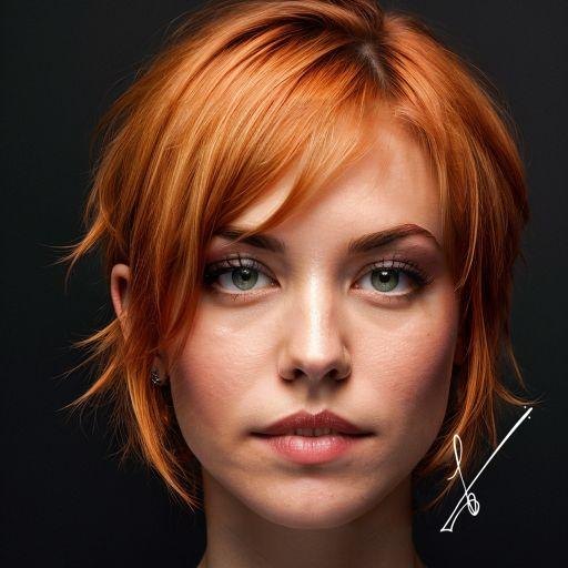 Close-up portrait of a woman with short red hair and green eyes looking at the camera.