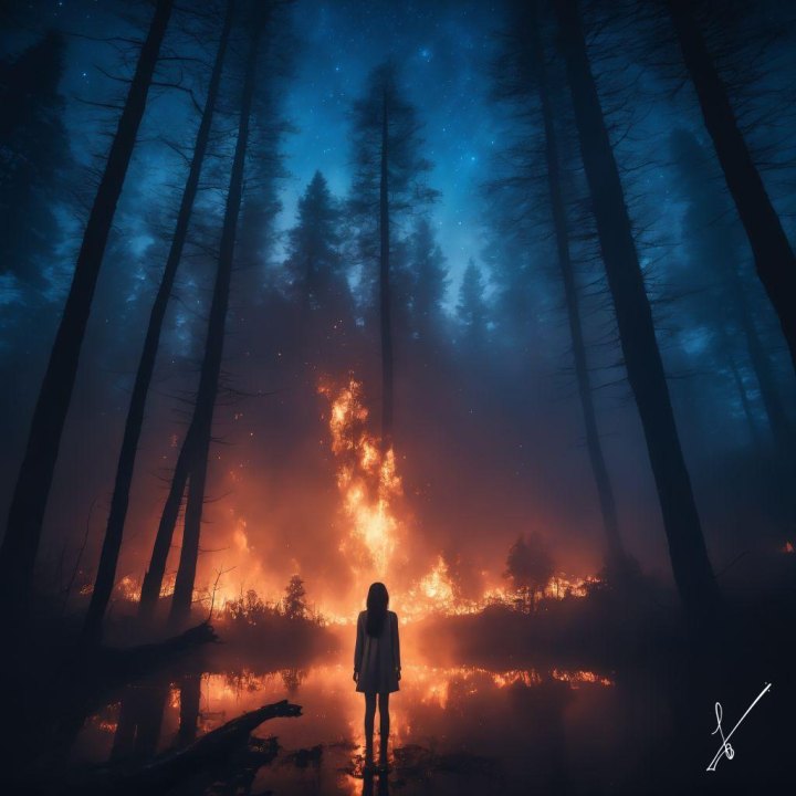 A person stands in a forest at night, facing a large fire reflecting in water under a starry sky.