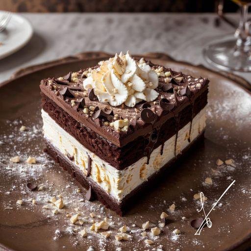 Square slice of layered chocolate cake with vanilla ice cream, whipped cream, and nuts on a brown plate