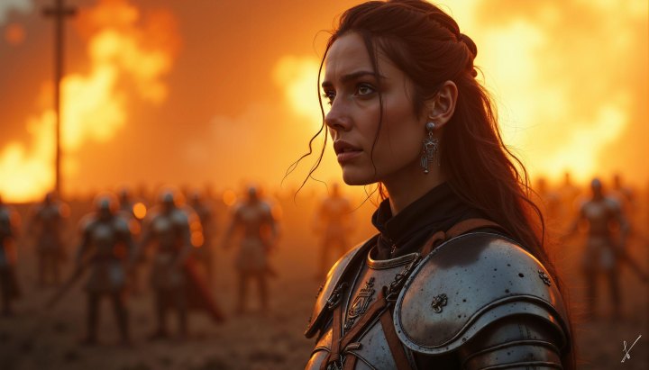 Female warrior in armor looking left with burning battlefield behind her