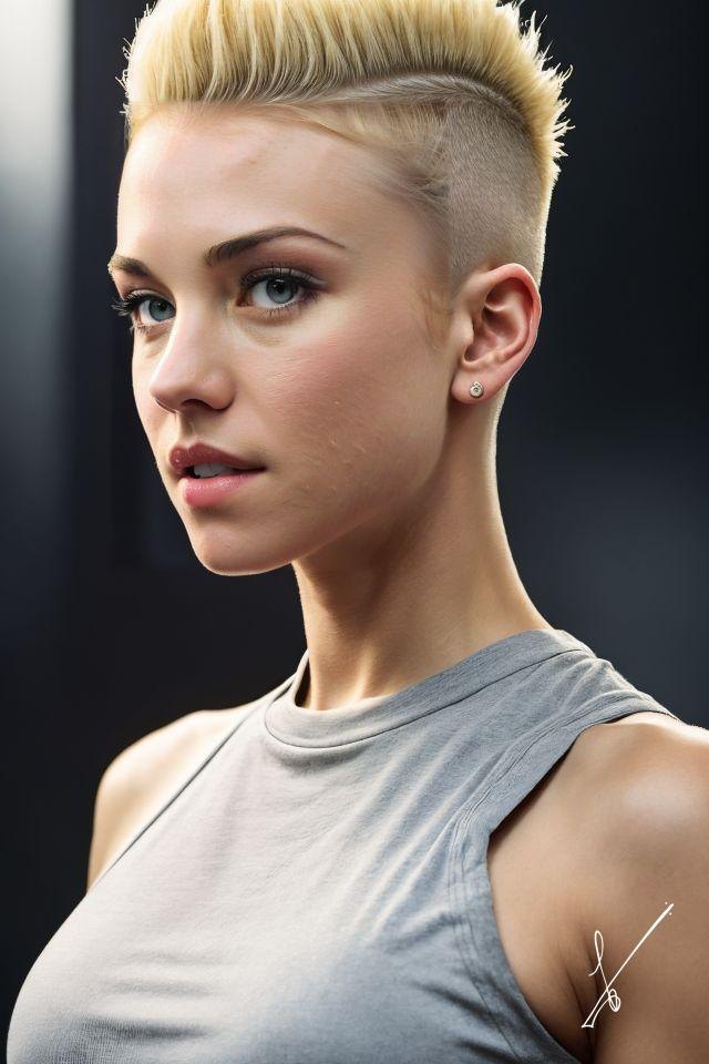 Portrait of a woman with a blonde mohawk haircut and blue eyes wearing a gray sleeveless top.