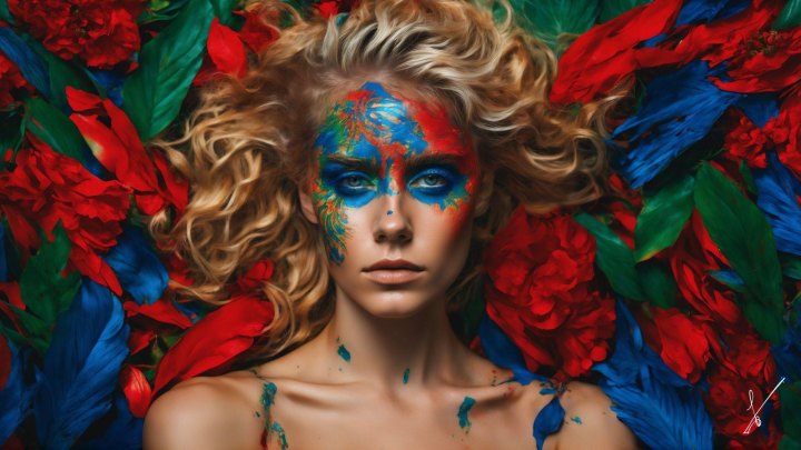 Portrait of a woman with painted face surrounded by red and blue flowers.