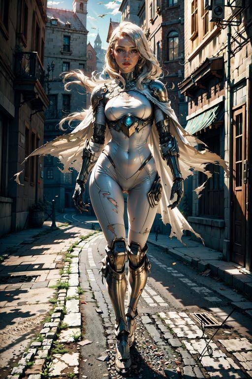 Blonde woman in futuristic silver armor walking down a narrow cobblestone city street with a tattered white cape.
