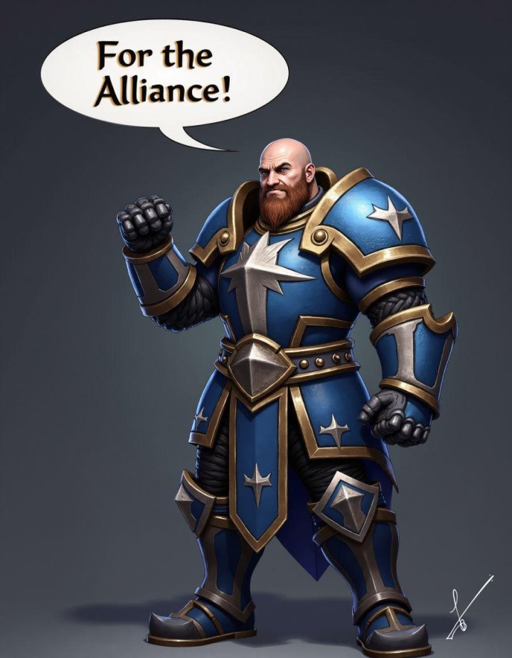 Bald bearded warrior in blue star-adorned armor raising fist, saying 'For the Alliance!'