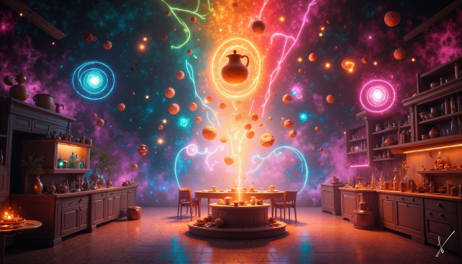 A surreal kitchen interior with a glowing teapot emitting energy into a starry, galaxy-filled ceiling.
