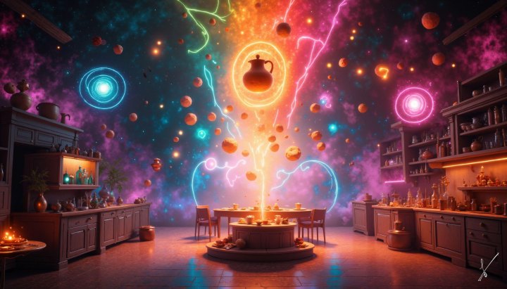 A surreal kitchen interior with a glowing teapot emitting energy into a starry, galaxy-filled ceiling.