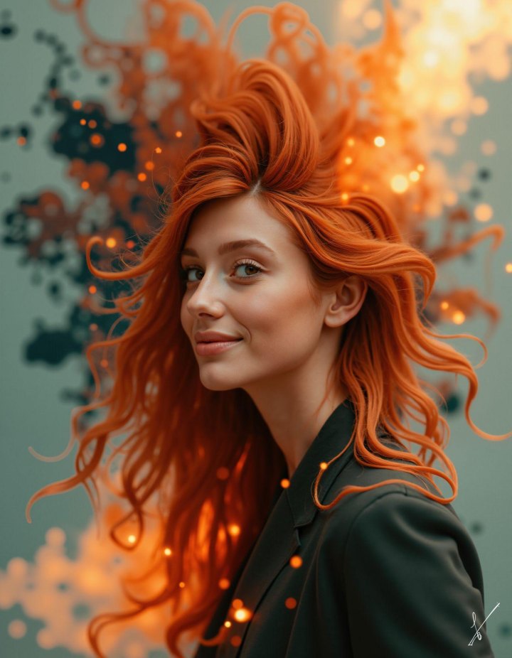 Portrait of a woman with voluminous red hair and warm glowing particles against an abstract background.