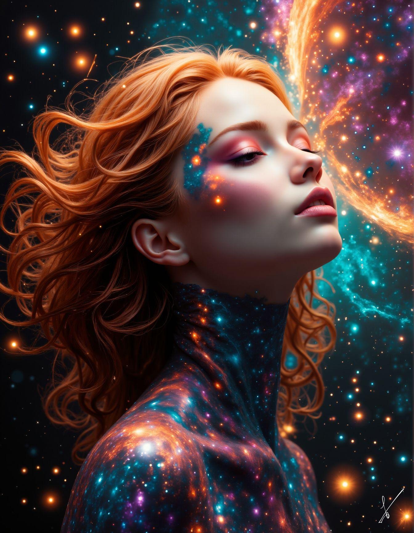 Woman with red hair looking up at a starry galaxy background.