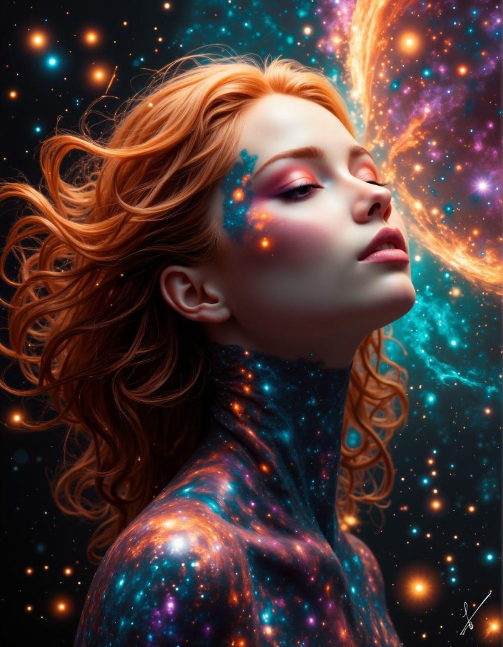 Woman with red hair looking up at a starry galaxy background.