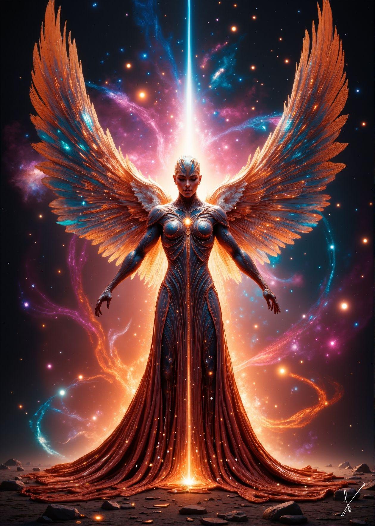 Winged angelic figure in cosmic space with glowing robes and nebula background