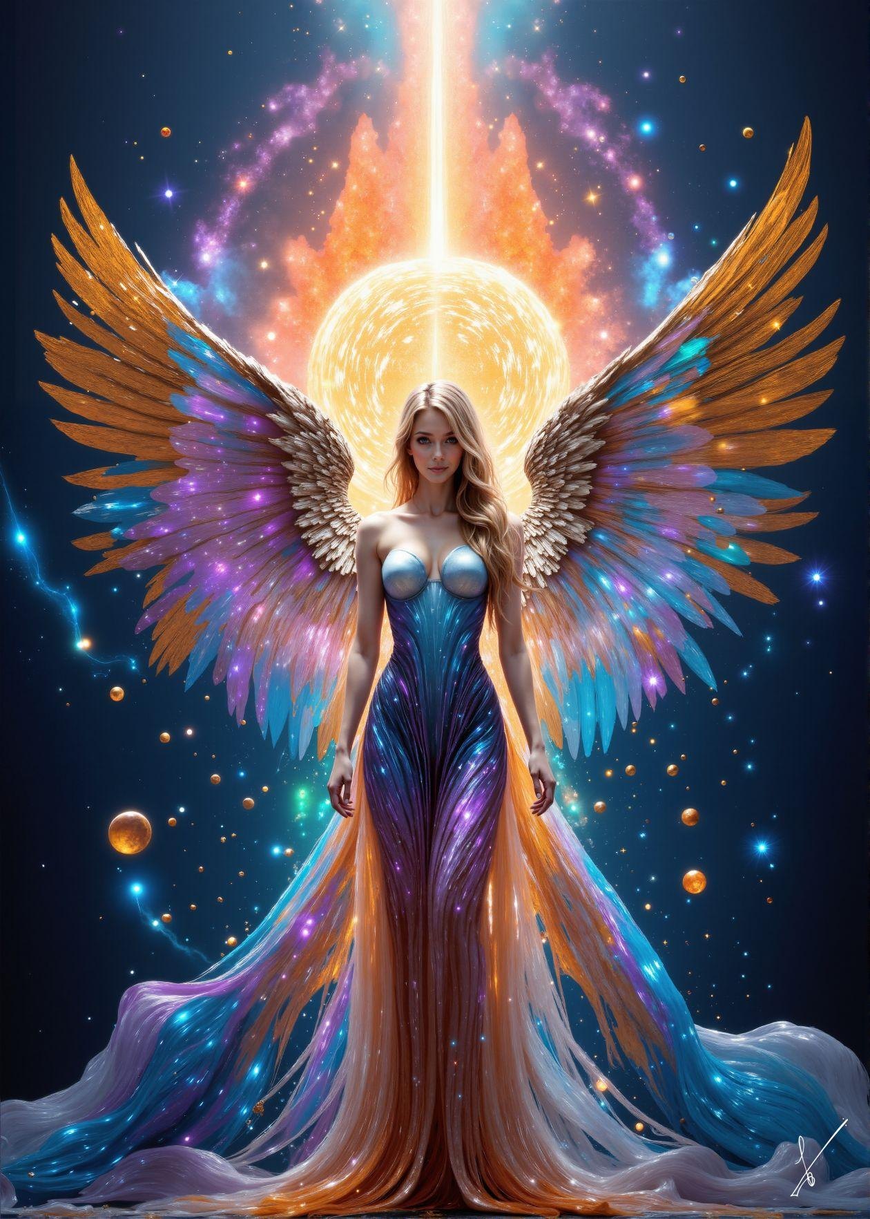 An angel woman with large colorful wings and a galaxy-patterned dress stands before a bright celestial light in space.
