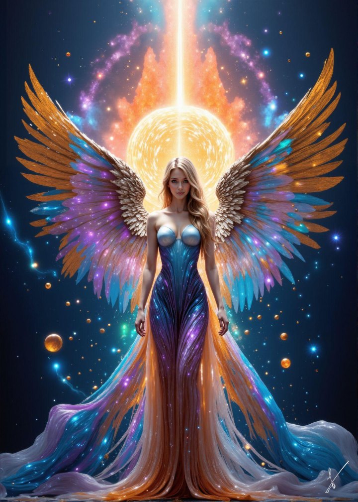 An angel woman with large colorful wings and a galaxy-patterned dress stands before a bright celestial light in space.