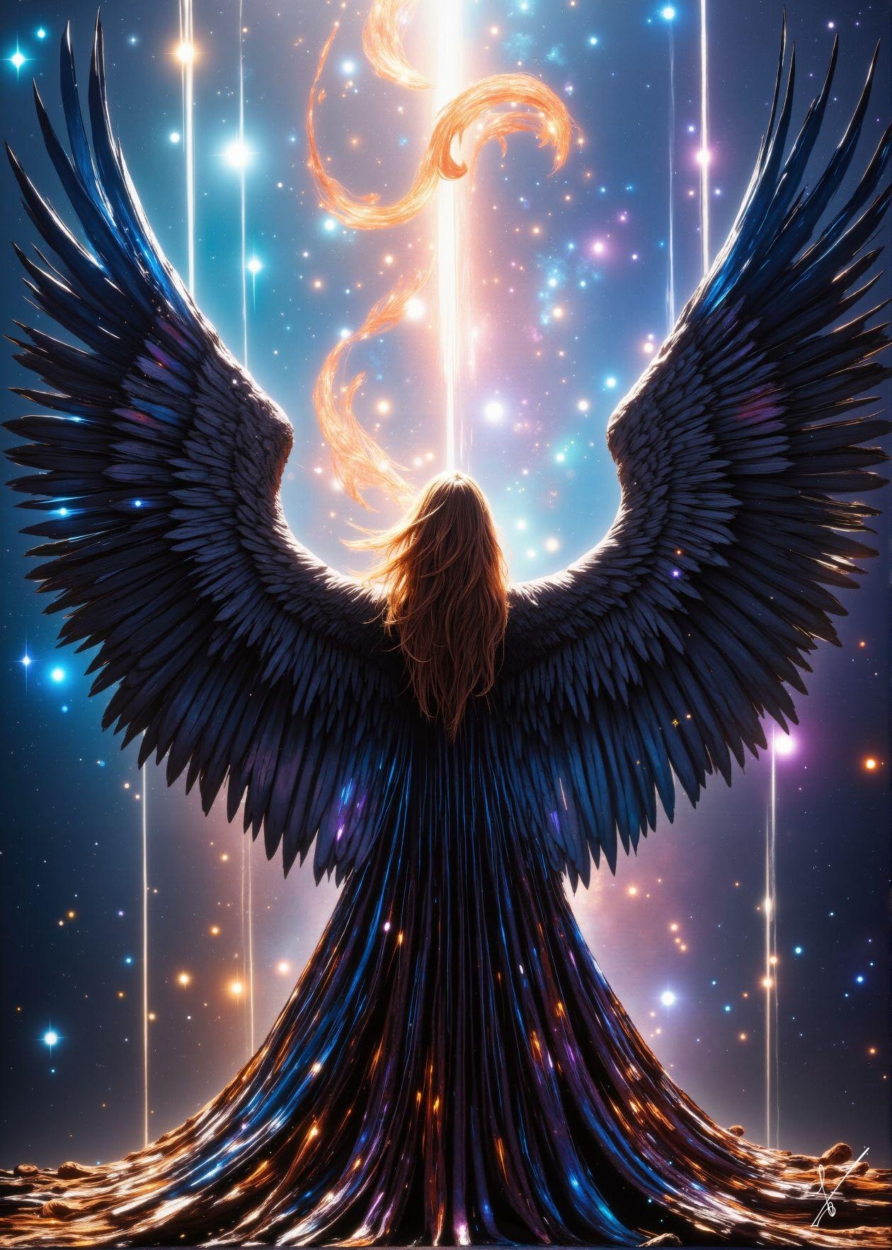 Back view of an angelic figure with large wings facing upward toward glowing light and stars in space